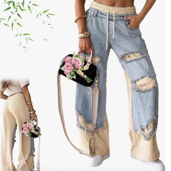 🔥Brand New Y2K Denim Patchwork Drawstring Distressed Jeans  Size S - Picture 1 of 11